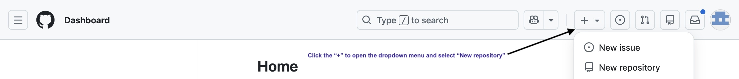 Location of the "New repository" option on the GitHub web interface.
