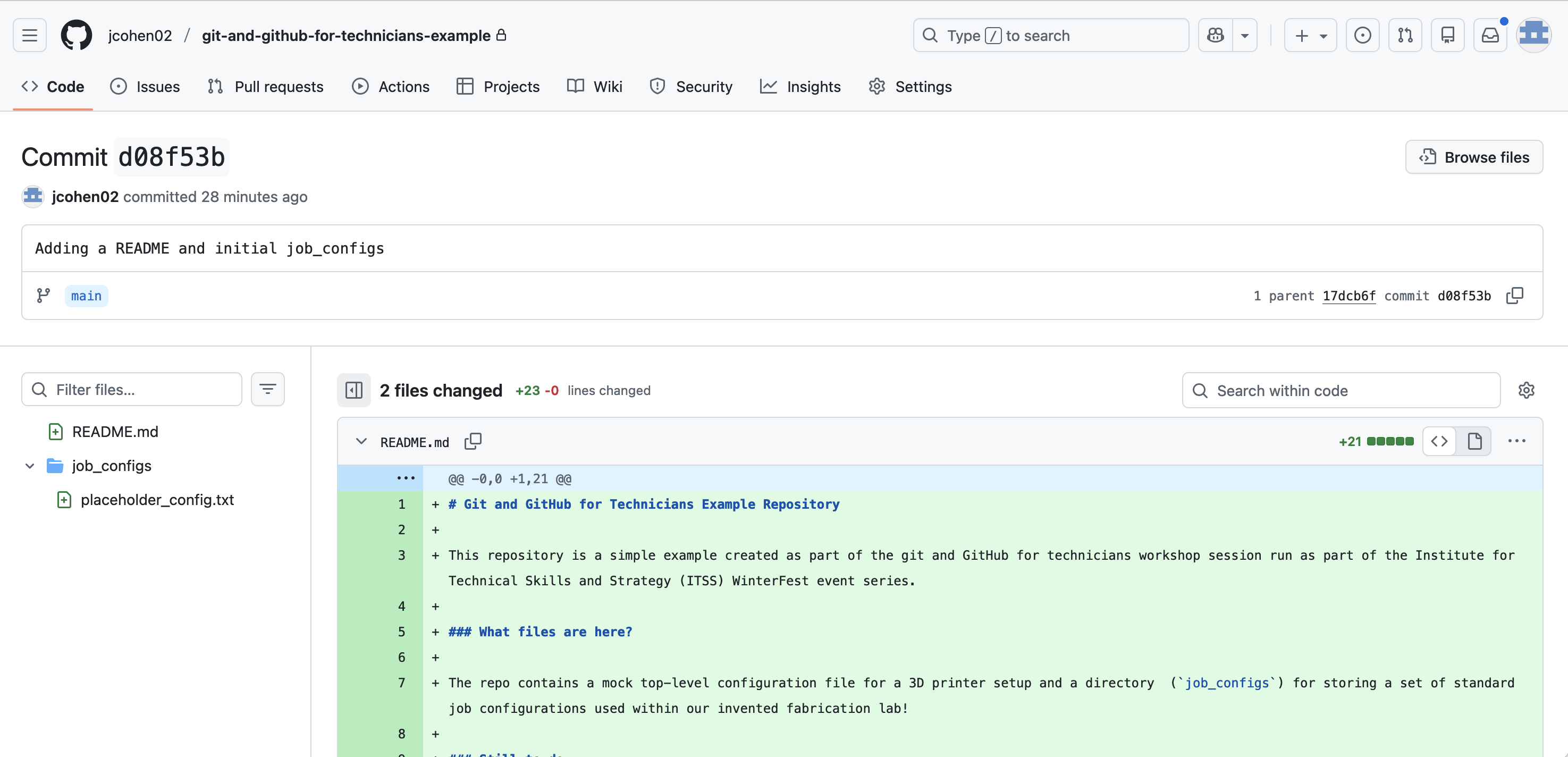 Screenshot of the GitHub web interface showing the changes associated with a commit
