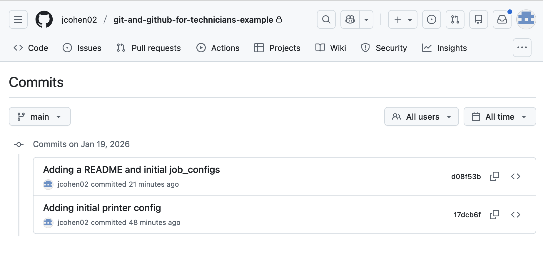 Screenshot of the GitHub commits page showing our repository's list of two commits.