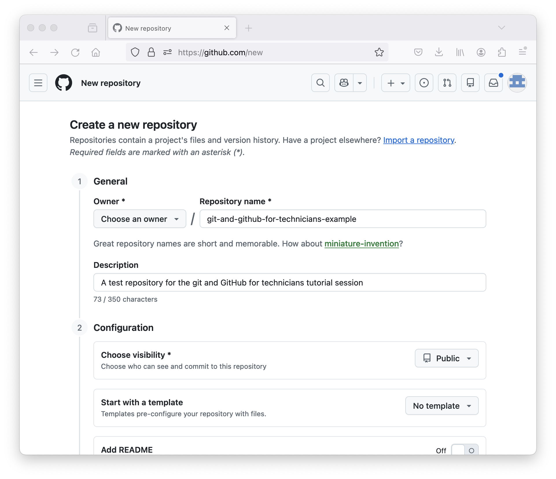 Screenshot showing options to select for creating a new repository in GitHub.