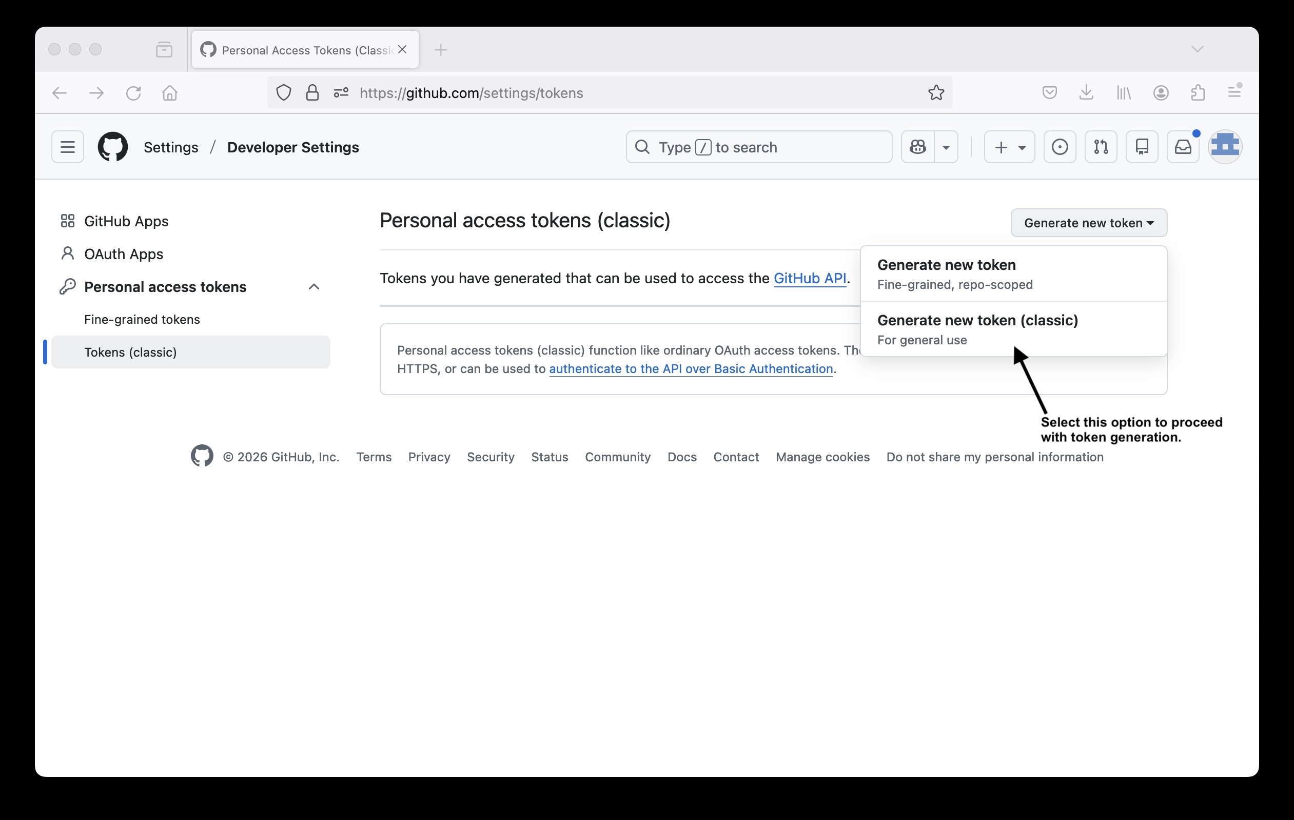 Screenshot showing location of the correct "Generate new token (classic)" option on the personal access tokens setup page.