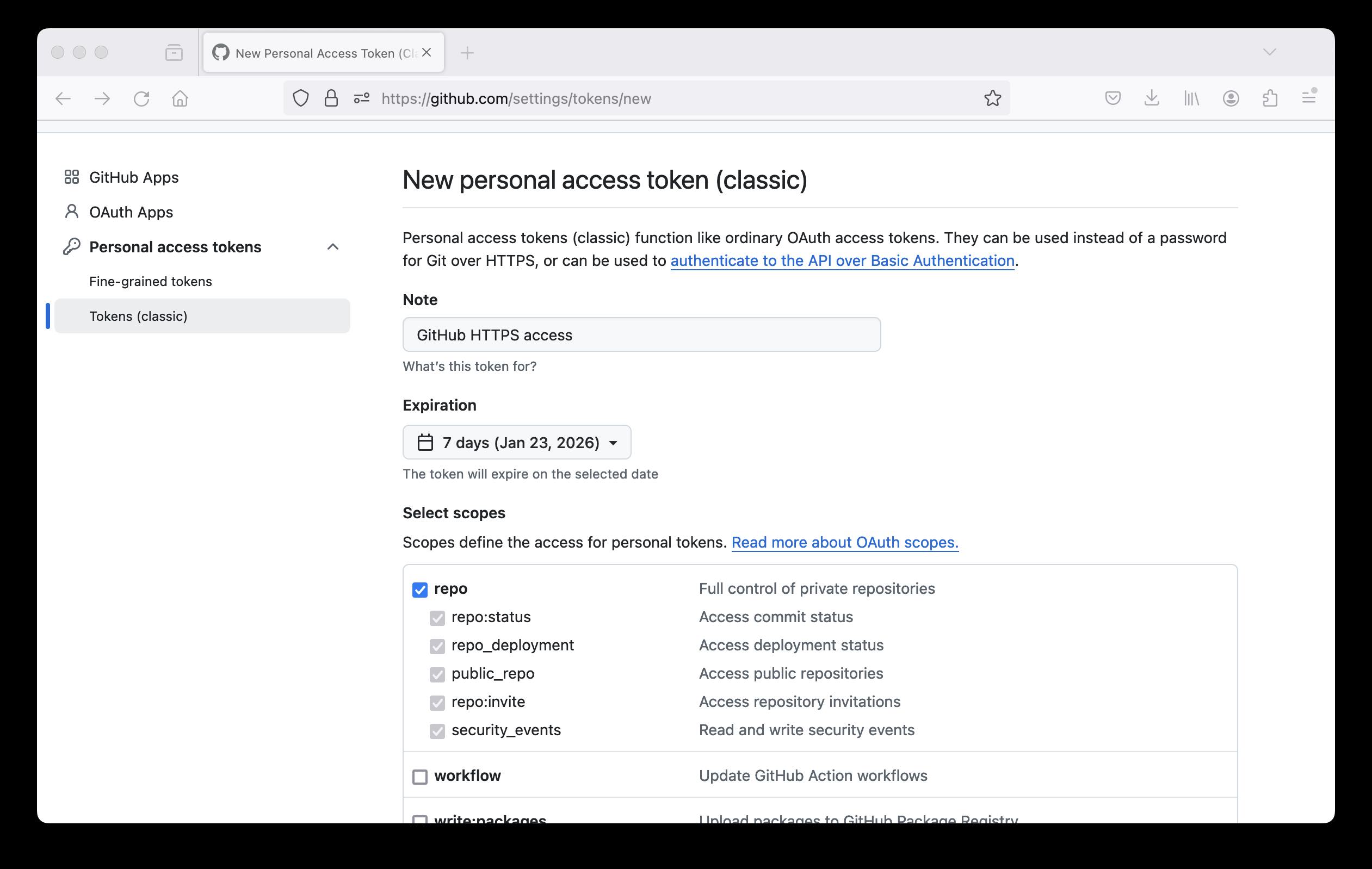 Screenshot showing personal access token configuration options.