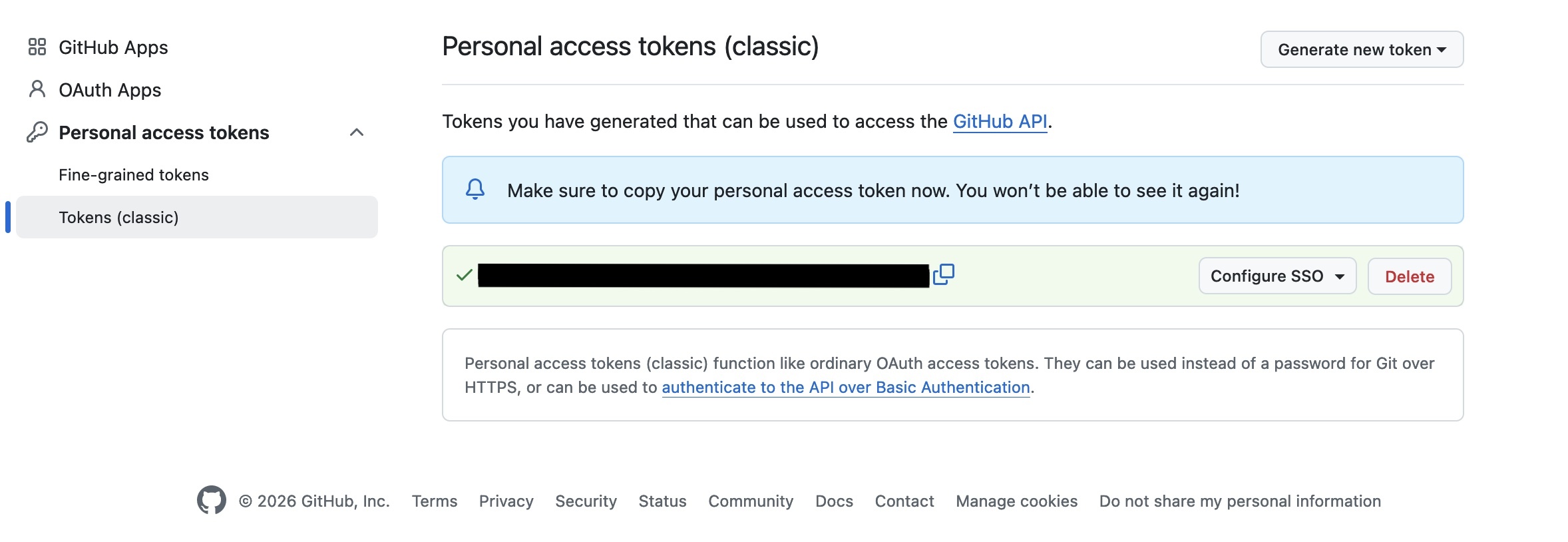 Screenshot showing generated personal access token.