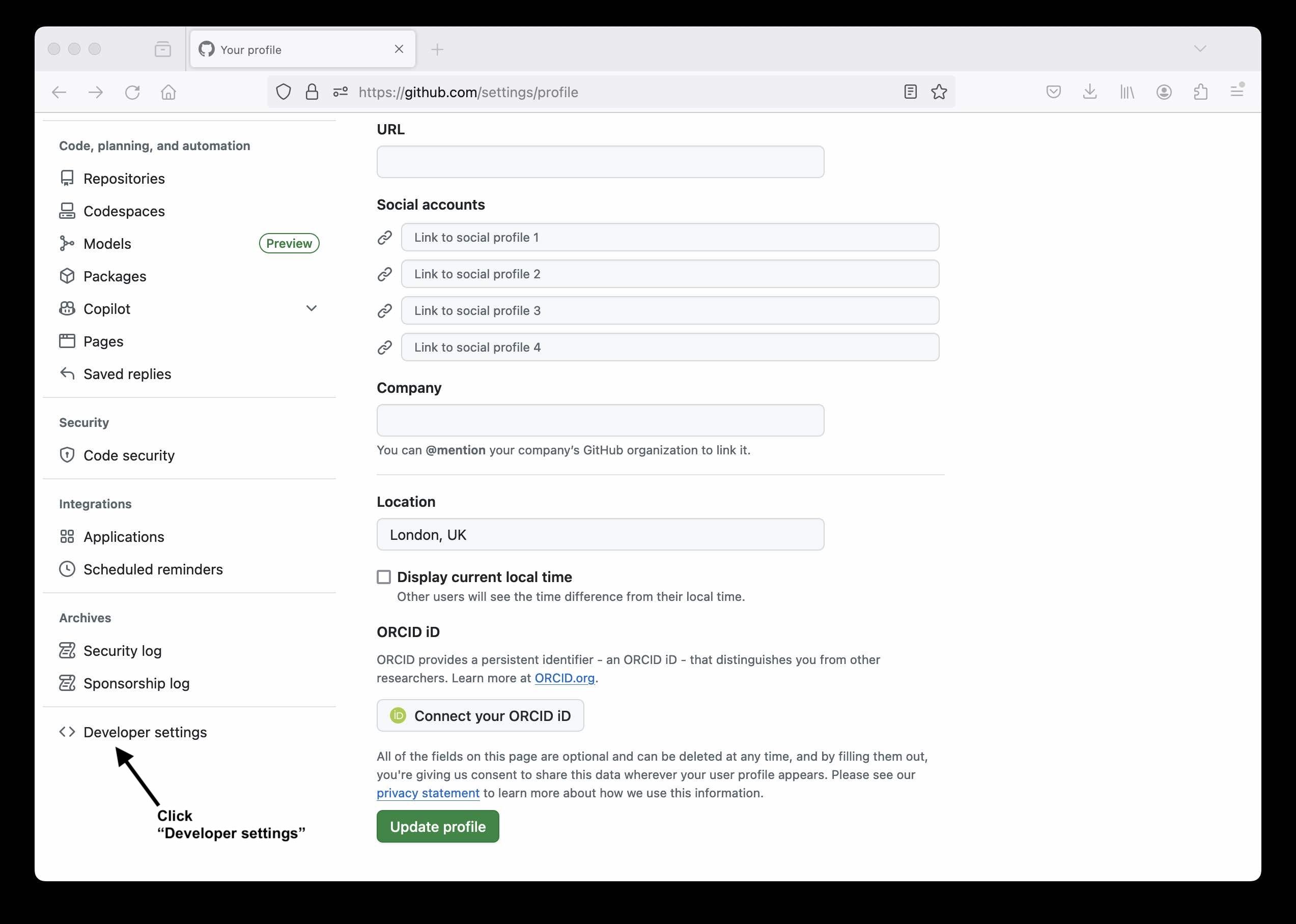 Screenshot showing location of the Developer settings link on the GitHub Settings page.
