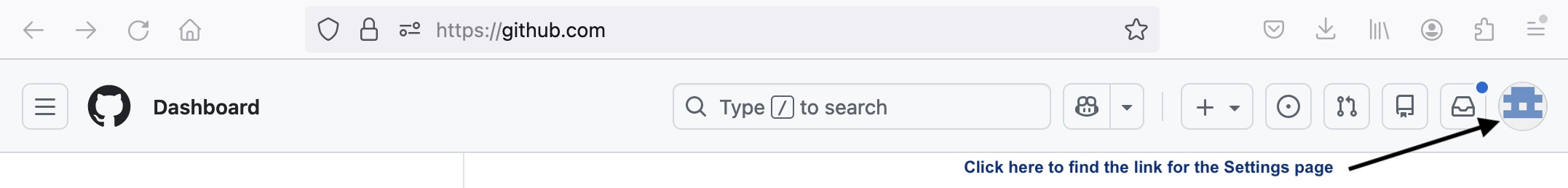 part of the GitHub homepage showing where to click to find the Settings menu.
